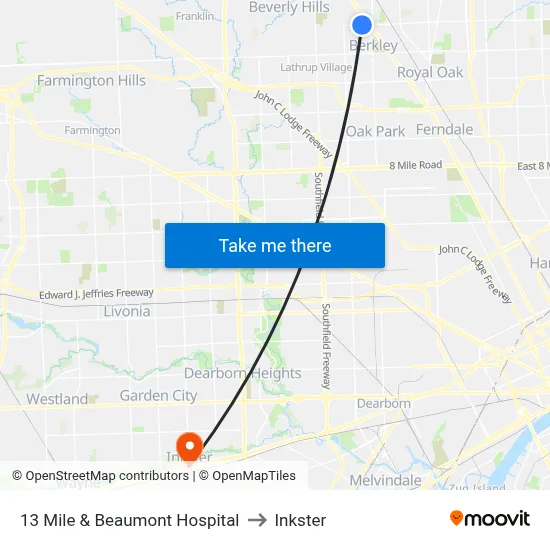 13 Mile & Corewell Beaumont Hospital to Inkster map