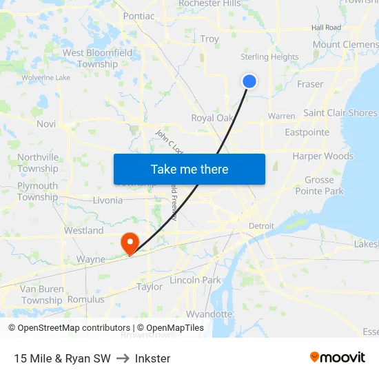 15 Mile & Ryan SW to Inkster map