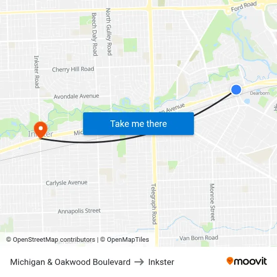 Michigan & Oakwood Boulevard to Inkster map