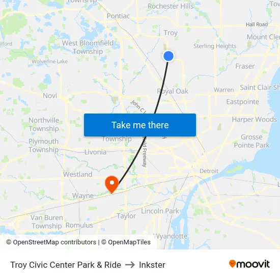Troy Civic Center Park & Ride to Inkster map