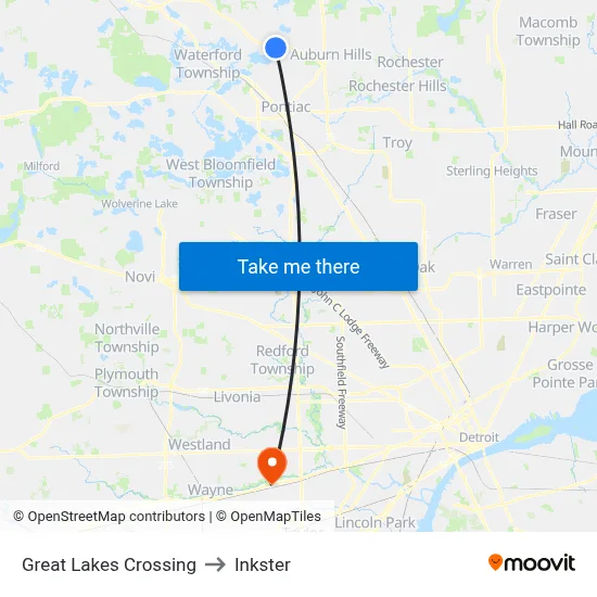Great Lakes Crossing to Inkster map