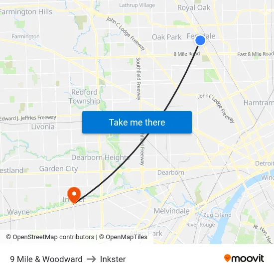 9 Mile & Woodward to Inkster map