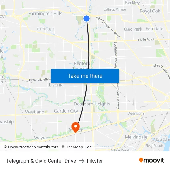 Telegraph & Civic Center Drive to Inkster map