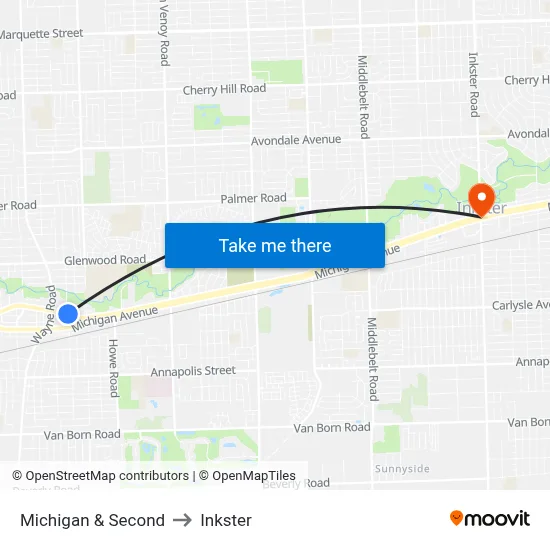 Michigan & Second to Inkster map
