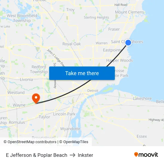 E Jefferson & Poplar Beach to Inkster map