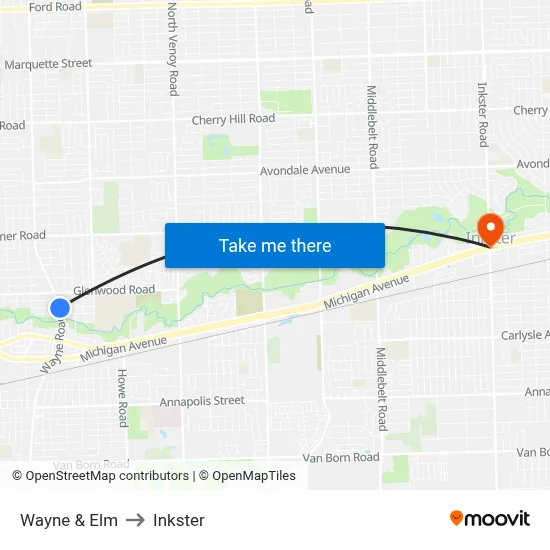 Wayne & Elm to Inkster map