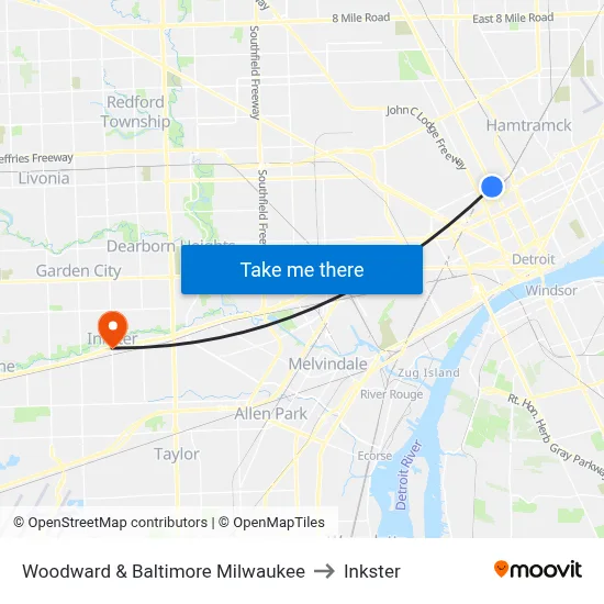 Woodward & Baltimore Milwaukee to Inkster map