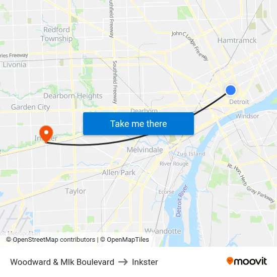 Woodward & Mlk Boulevard to Inkster map