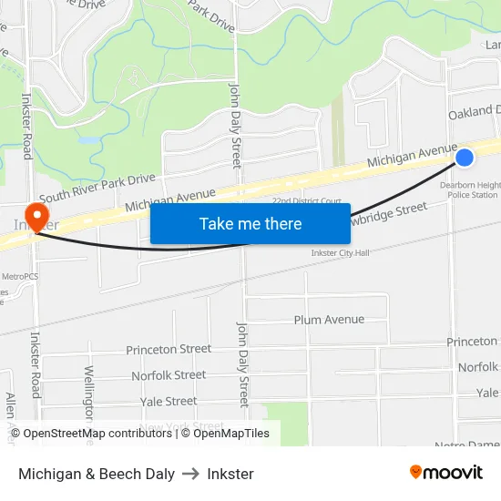 Michigan & Beech Daly to Inkster map