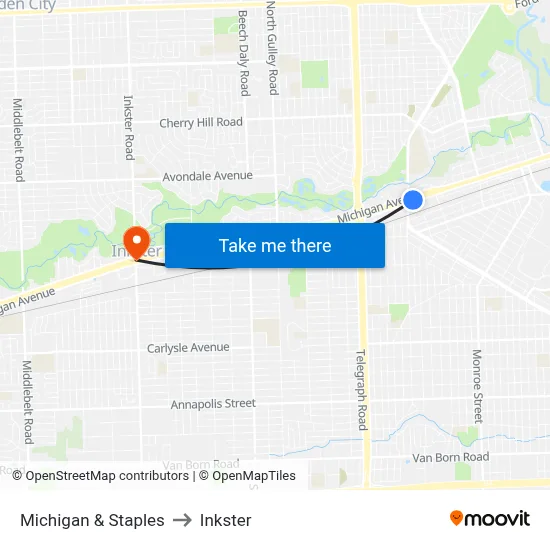 Michigan & Staples to Inkster map