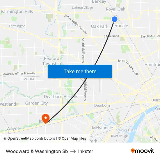 Woodward & Washington Sb to Inkster map