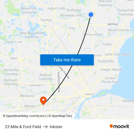 23 Mile & Ford Field to Inkster map