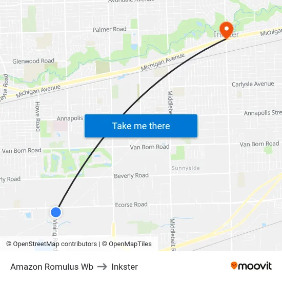 Amazon Romulus Wb to Inkster map