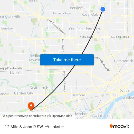 12 Mile & John R SW to Inkster map