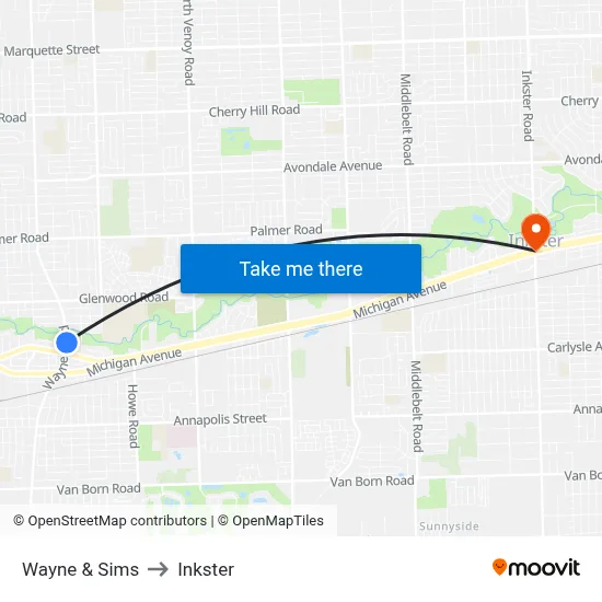 Wayne & Sims to Inkster map