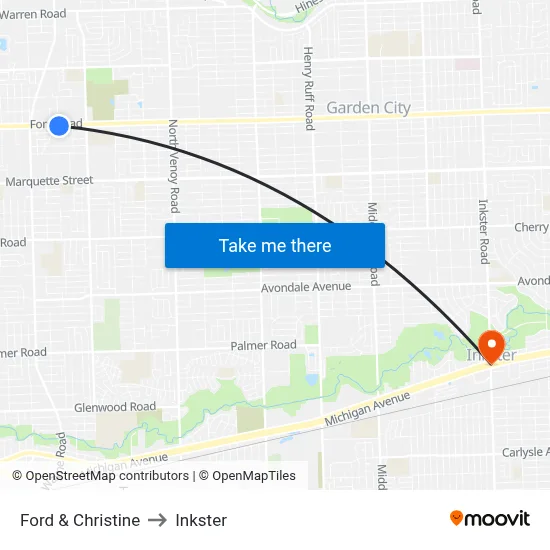 Ford & Christine to Inkster map