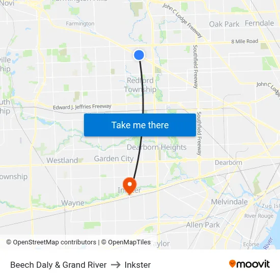 Beech Daly & Grand River to Inkster map