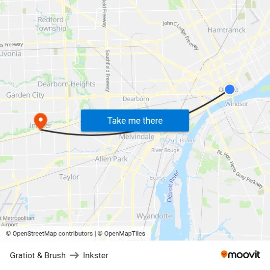 Gratiot & Brush to Inkster map