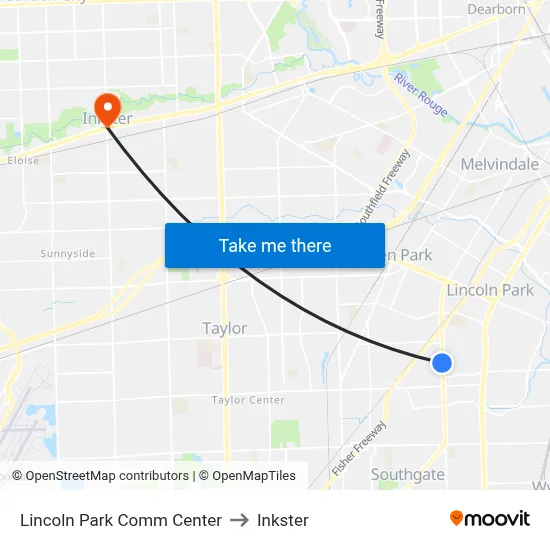 Lincoln Park Comm Center to Inkster map