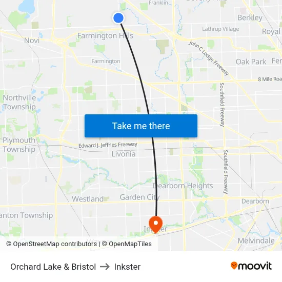 Orchard Lake & Bristol to Inkster map