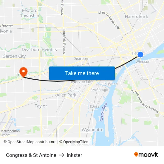 Congress & St Antoine to Inkster map