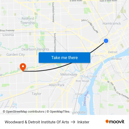 Woodward & Detroit Institute Of Arts to Inkster map
