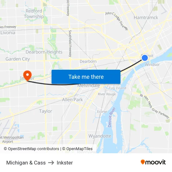 Michigan & Cass to Inkster map