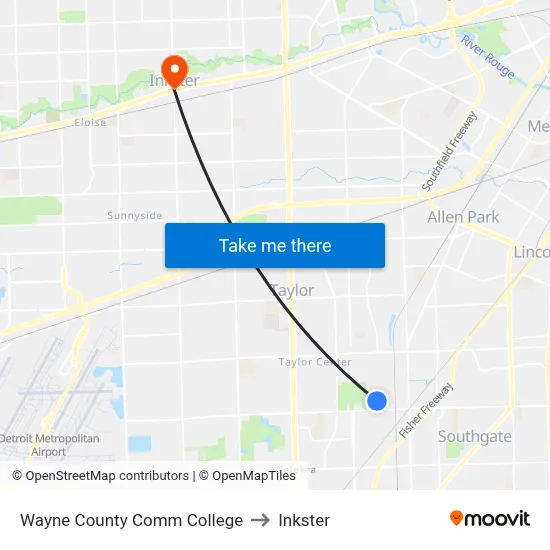 Wayne County Comm College to Inkster map