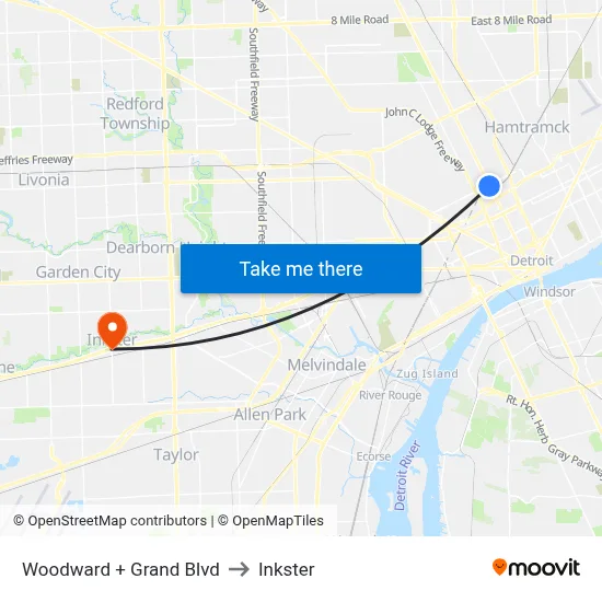 Woodward + Grand Blvd to Inkster map