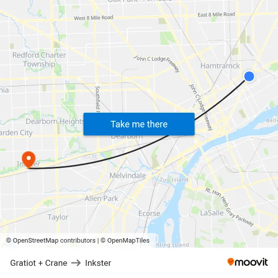Gratiot + Crane to Inkster map