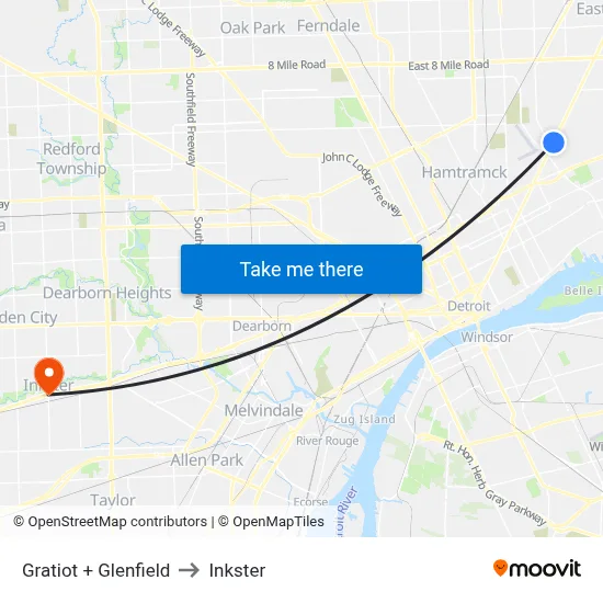 Gratiot + Glenfield to Inkster map