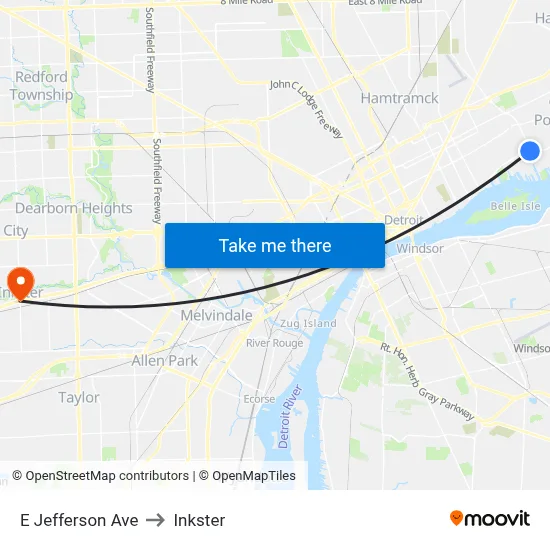 E Jefferson Ave to Inkster map