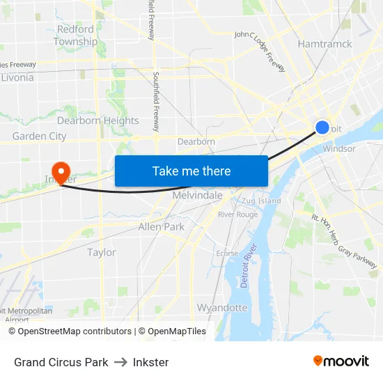 Grand Circus Park to Inkster map