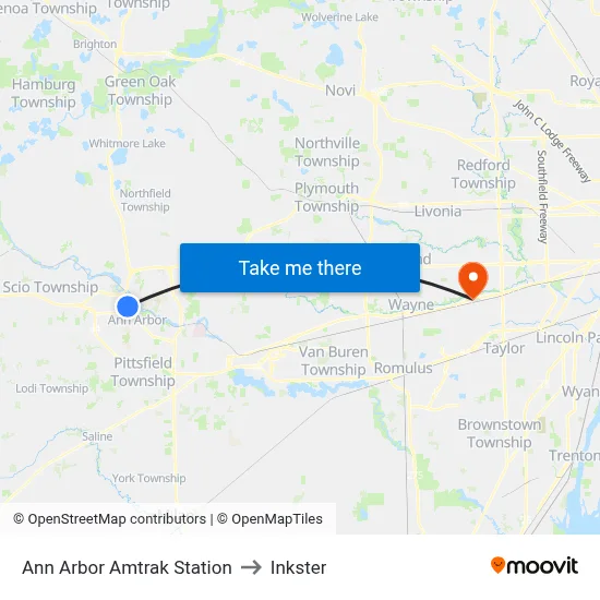 Ann Arbor Amtrak Station to Inkster map