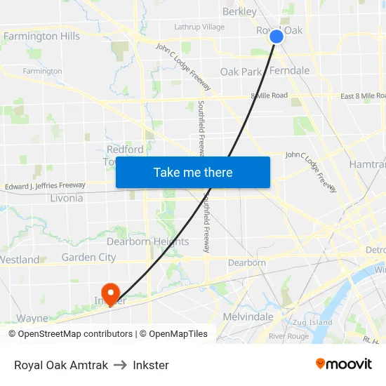 Royal Oak Amtrak to Inkster map