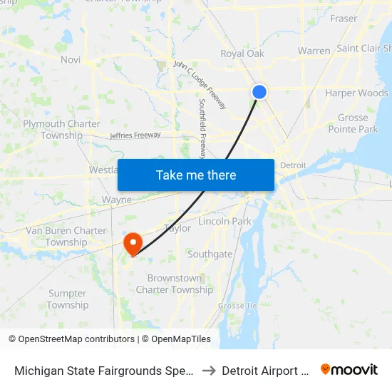 Michigan State Fairgrounds Speedway to Detroit Airport DTW map