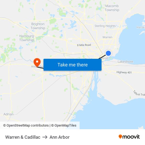 Warren & Cadillac to Ann Arbor map
