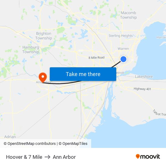 Hoover & 7 Mile to Ann Arbor map