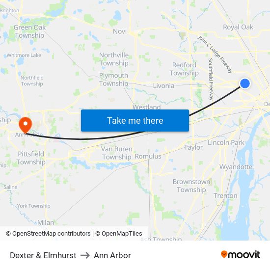 Dexter & Elmhurst to Ann Arbor map