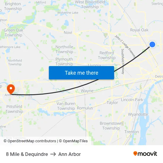 8 Mile & Dequindre to Ann Arbor map