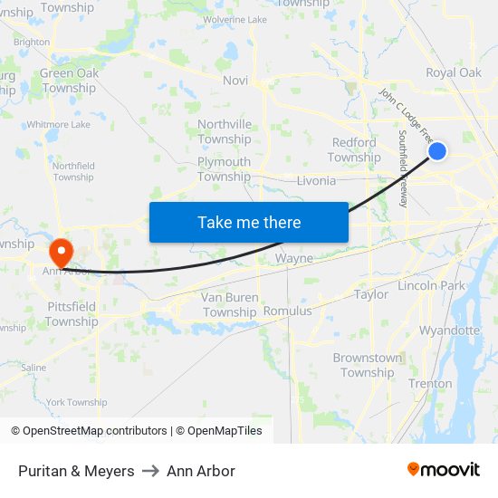 Puritan & Meyers to Ann Arbor map