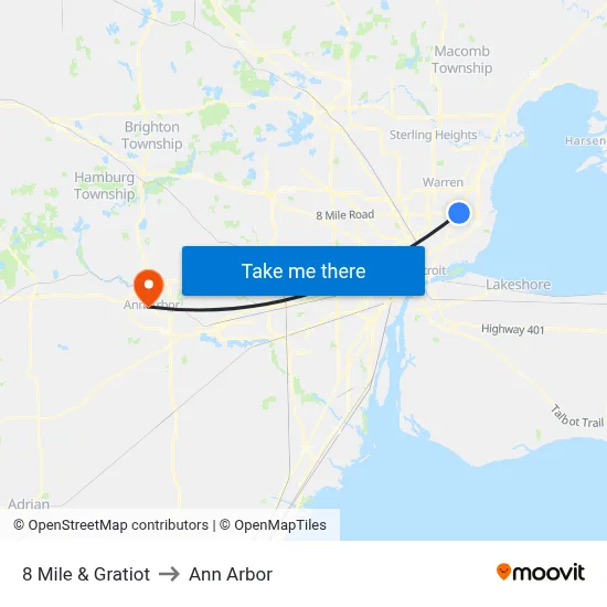 8 Mile & Gratiot to Ann Arbor map