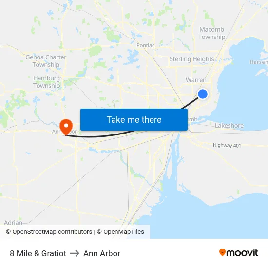 8 Mile & Gratiot to Ann Arbor map