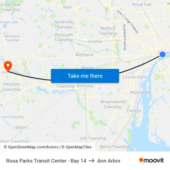 Rosa Parks Transit Center - Bay 14 to Ann Arbor map