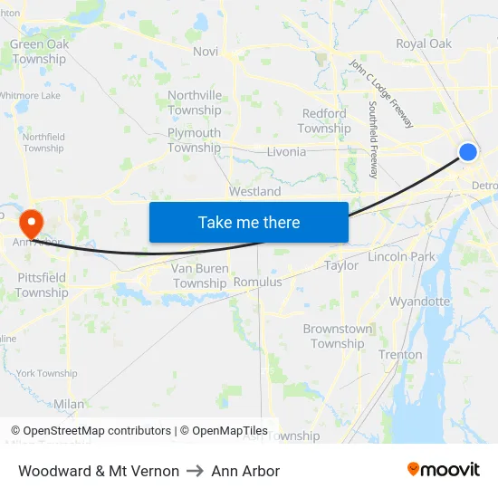 Woodward & Mt Vernon to Ann Arbor map