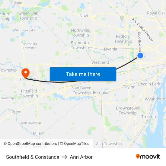 Southfield & Constance to Ann Arbor map