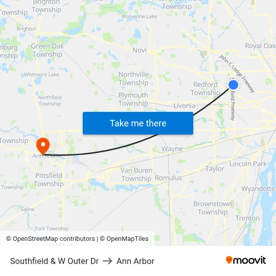 Southfield & W Outer Dr to Ann Arbor map