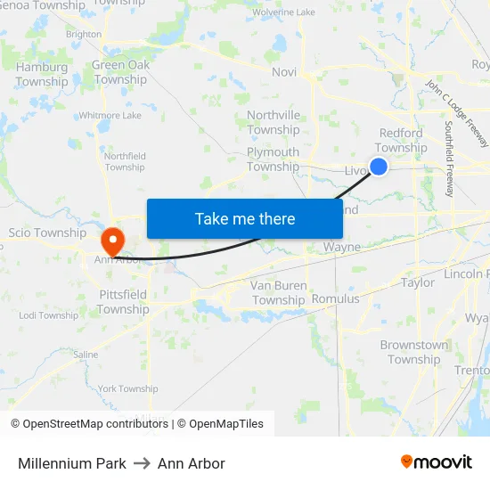 Millennium Park to Ann Arbor map