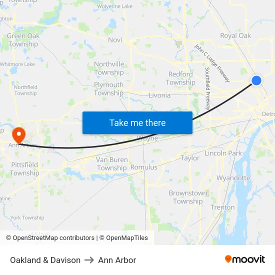 Oakland & Davison to Ann Arbor map