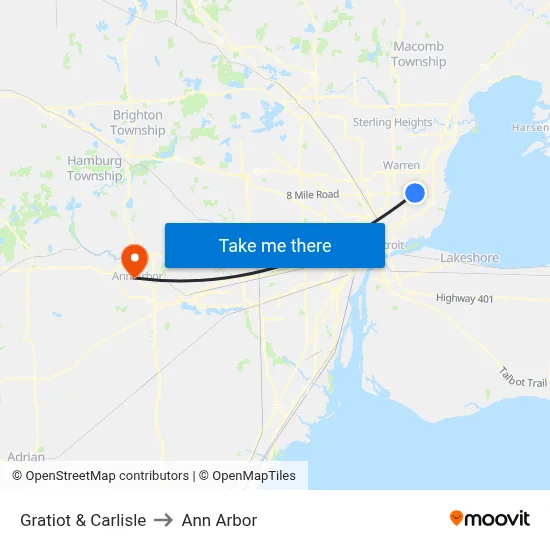 Gratiot & Carlisle to Ann Arbor map